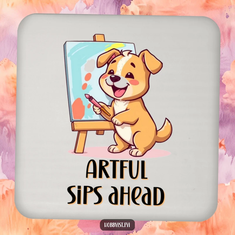 Funny Dog Artist Coaster: A cheerful dog joyfully paints a vibrant canvas with broad strokes, adding humorous charm to drink surfaces.