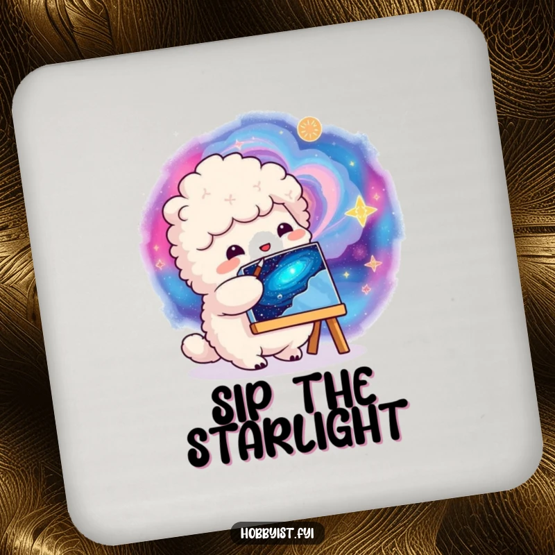 Funny fluffy creature painting a vibrant swirling galaxy on a small canvas, on a drink coaster with cosmic art.