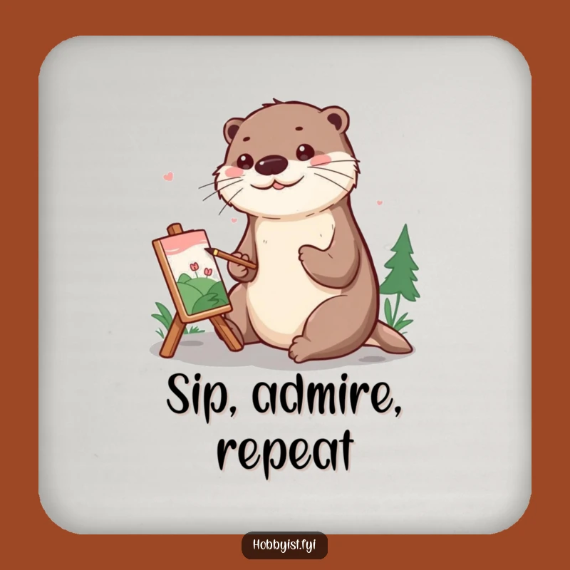 Funny Otter Painting Coaster: Protect Surfaces with a Cheerful Artist Otter, Bar Gift
