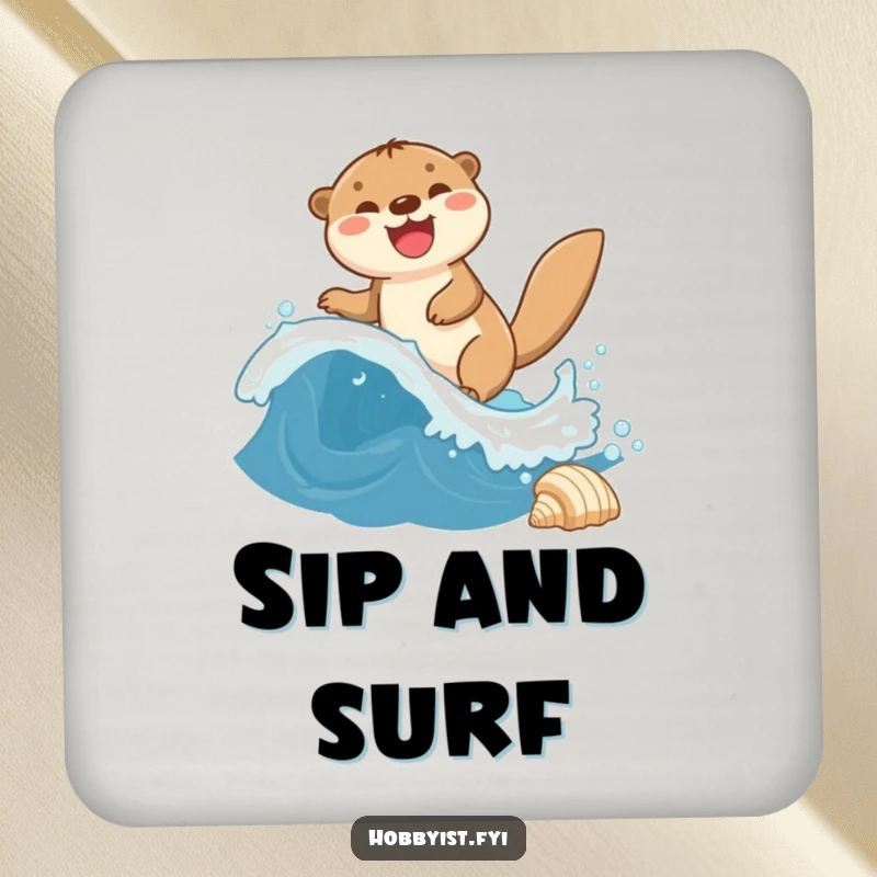 Funny Otter Drink Coaster features a giggling otter riding a miniature wave towards a seashell, adding aquatic humor to tabletops.