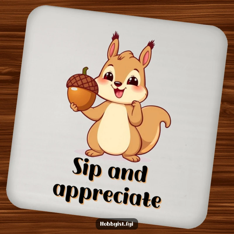 Funny drink coaster featuring a cheerful squirrel proudly presenting a perfectly crafted acorn sculpture, perfect for protecting surfaces.