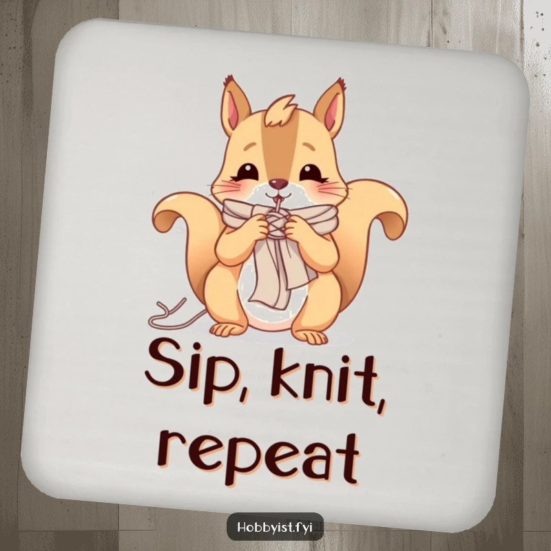 Funny coaster featuring a cheerful squirrel knitting a tiny scarf with yarn, protecting surfaces with cozy charm.