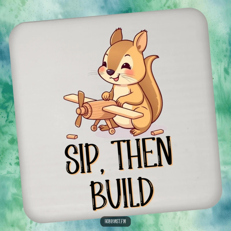 Funny Coaster featuring a happy squirrel meticulously assembling a small wooden model airplane, protecting surfaces with a charming hobby theme.