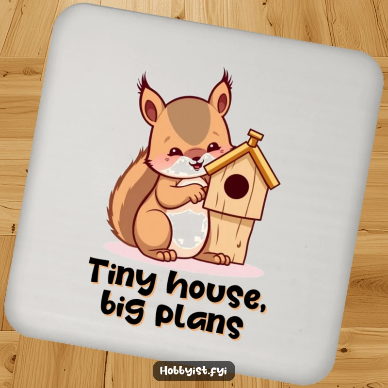Funny coaster with a focused squirrel whittling a miniature wooden birdhouse, protecting surfaces with artistic flair.