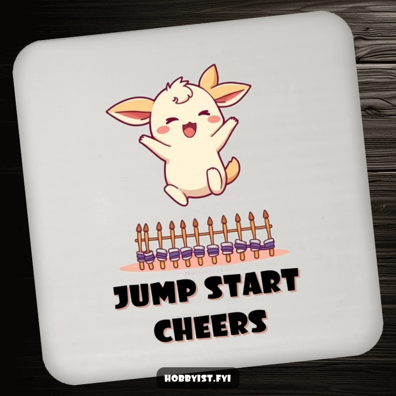 Funny Leaping Creature Coaster: an energetic character with flapping ears jumping over small knitting needles, protecting surfaces, a funny gift.