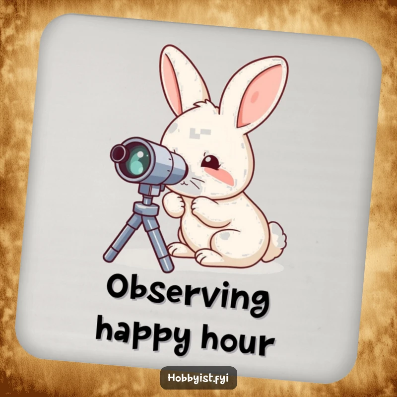 Funny coaster with a curious rabbit meticulously examining a miniature telescope, protecting surfaces with celestial charm.