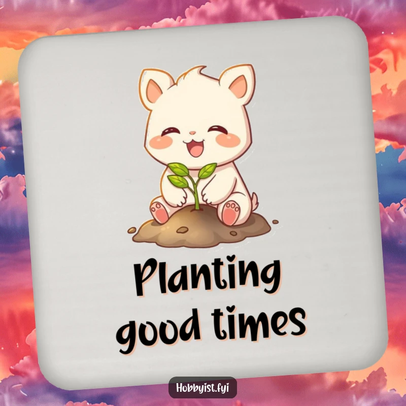 Funny drink coaster with a joyful creature with small paws planting a tiny, glowing sapling, adding natural charm