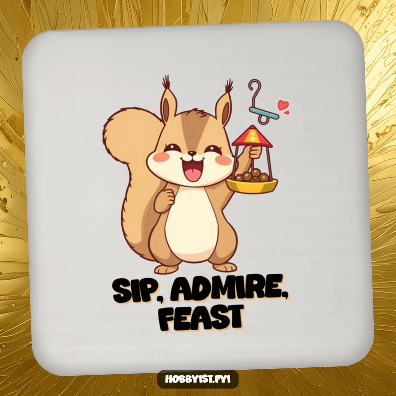 Funny joyful squirrel holding a detailed bird feeder, depicted on a drink coaster, offering surface protection with crafty humor for gifts.