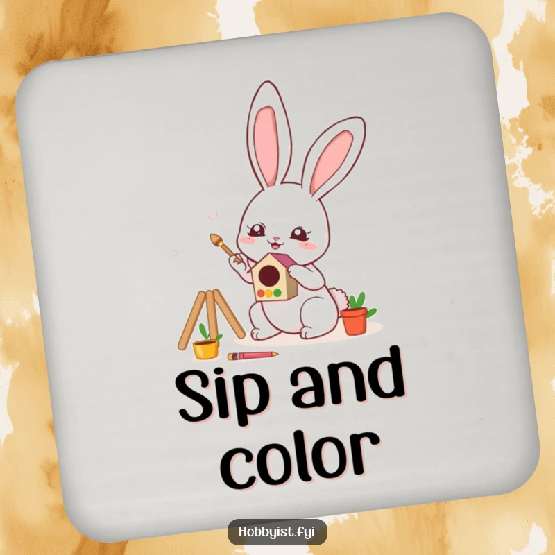 Funny Drink Coaster featuring a cute kawaii bunny enthusiastically painting a miniature, colorful birdhouse, adding a splash of art.