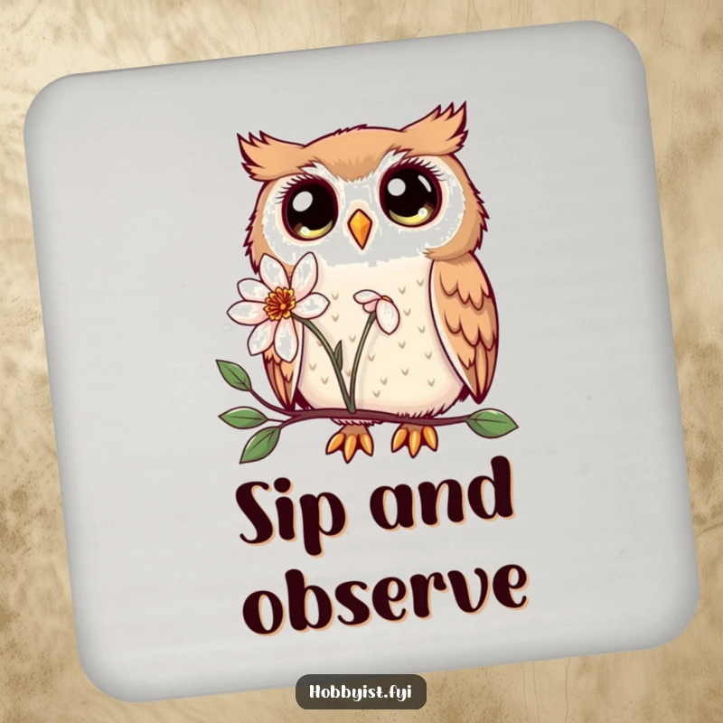 Funny Kawaii owl coaster, featuring enchanting eyes examining a flower, protecting tables with cute and whimsical design.