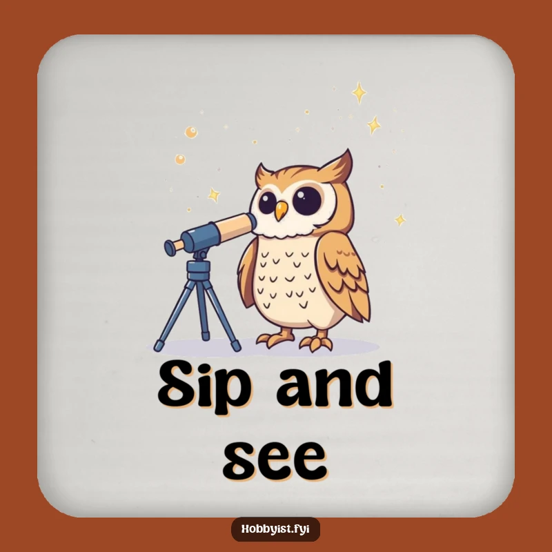Funny Owl Telescope Drink Coaster - Protect Surfaces with Cosmic Wit