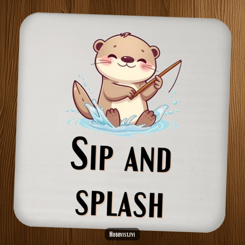 Funny kawaii otter drink coasters, depicting an otter splashing with a tiny fishing rod, adding a playful touch to tables.