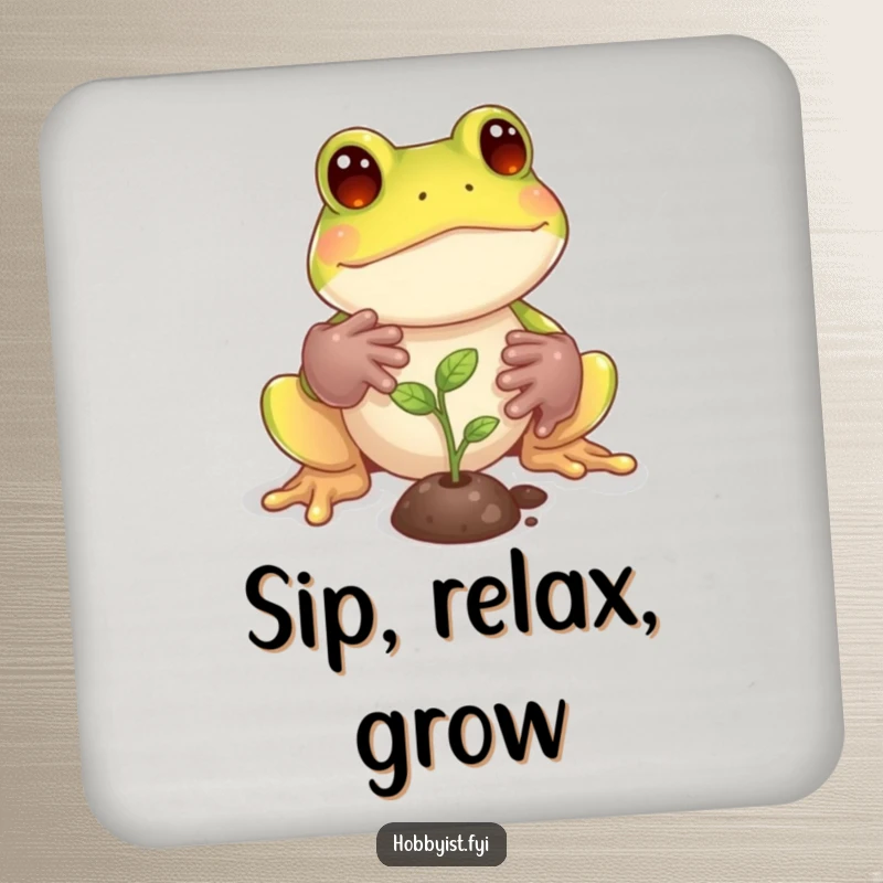 Funny Frog Coaster: A playful frog with tiny gardening gloves tends to a miniature sprout, adding horticultural flair to drink protection, a delightful funny gift.