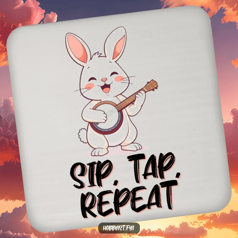 Funny drink coaster showing a happy bunny playing a banjo, adding musical flair and surface protection.