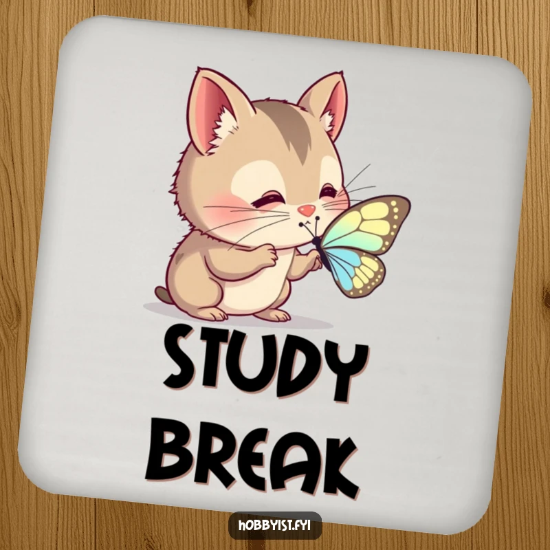 Funny Coaster: A curious creature with twitching whiskers intently examines a delicate butterfly wing, a charming and detailed addition.