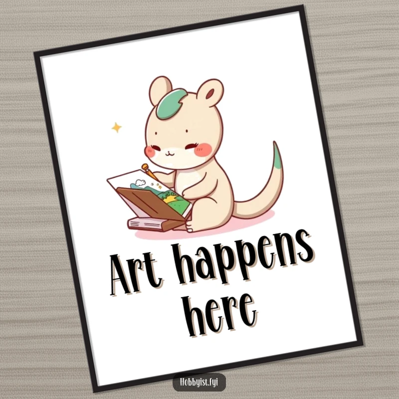 Funny poster of a delighted long-tailed creature sketching a whimsical landscape in a notebook, vibrant and full of artistic energy