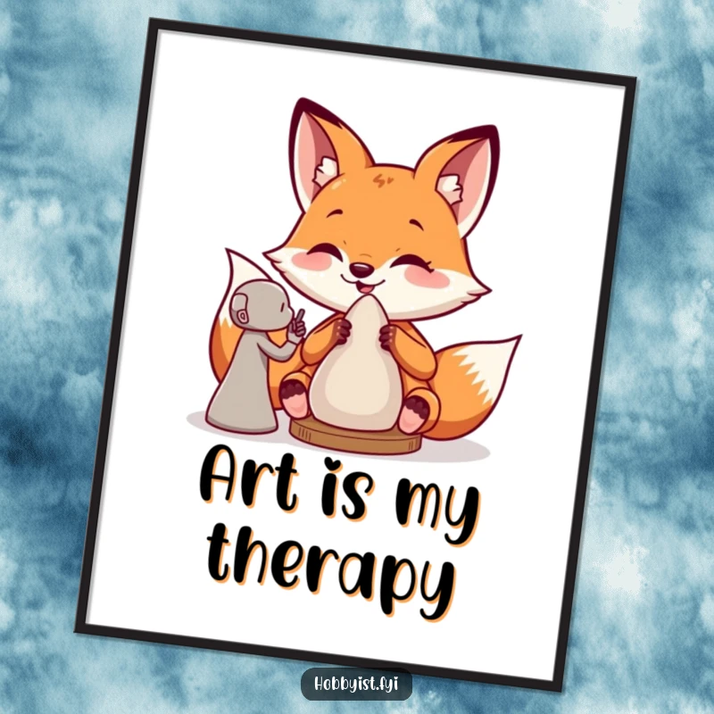 Funny poster of a giddy fox happily sculpting a clay figure, ideal wall art for art studios and humor enthusiasts.