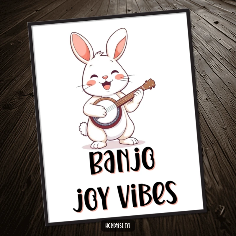 Funny poster featuring a happy bunny with impressive banjo-playing skills, bringing musical energy and cheer to any space.