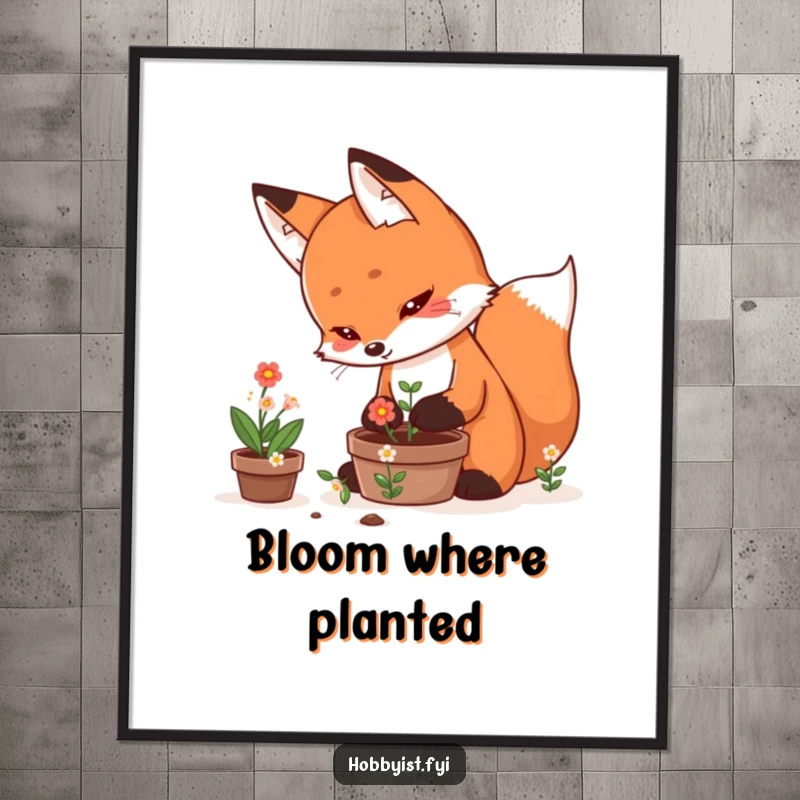 Funny Poster of a determined kawaii fox meticulously tending a small pot of blooming flowers, bringing serene garden vibes.