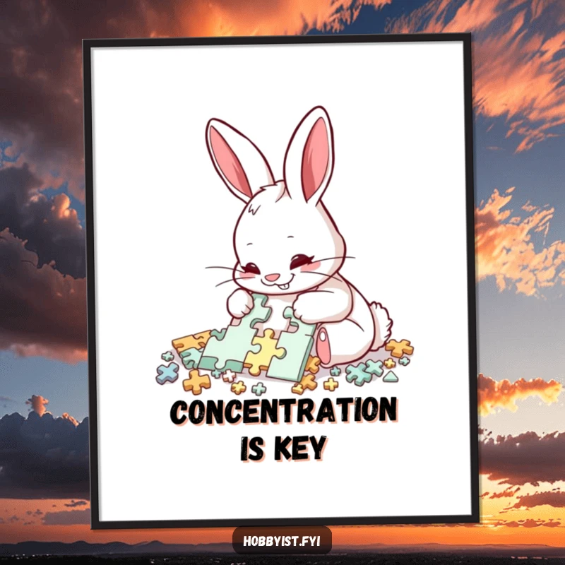 Funny Rabbit Puzzle Poster: A delighted rabbit meticulously assembles a complex puzzle with intense focus, bringing humorous brainy art to any room.