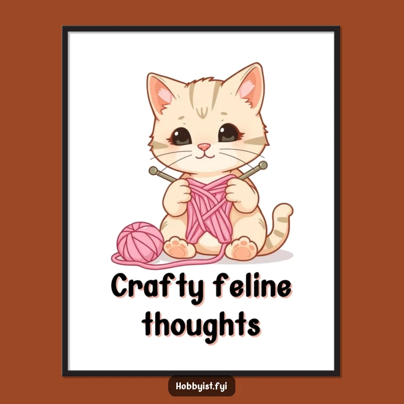 Funny Cat Knitting Poster - Curious Feline With Yarn, Whimsical Wall Art, Craft Decor Gift