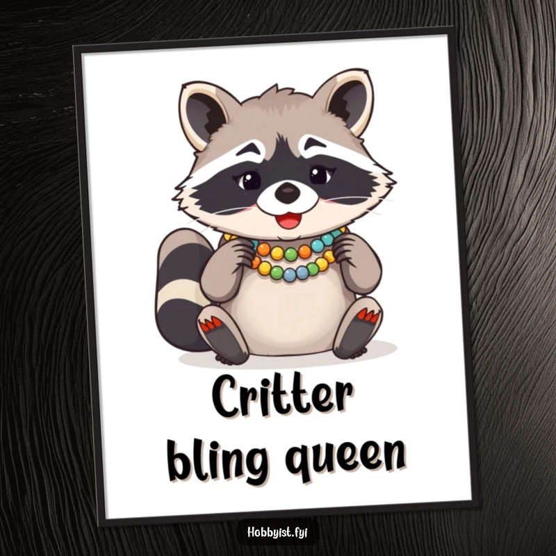Funny Raccoon Bead Necklace Poster, a giggling raccoon expertly arranging colorful beads for a necklace, adding charm to decor.