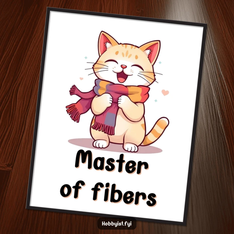 Funny Cat Knitting Poster: A happy cat energetically knits a colorful scarf, bringing humorous and artistic charm to any room.