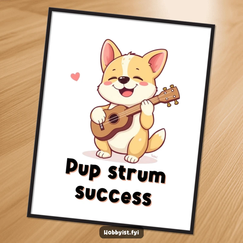 Funny poster print of a giggling dog happily playing a tiny ukulele, radiating canine joy and musical cheer.