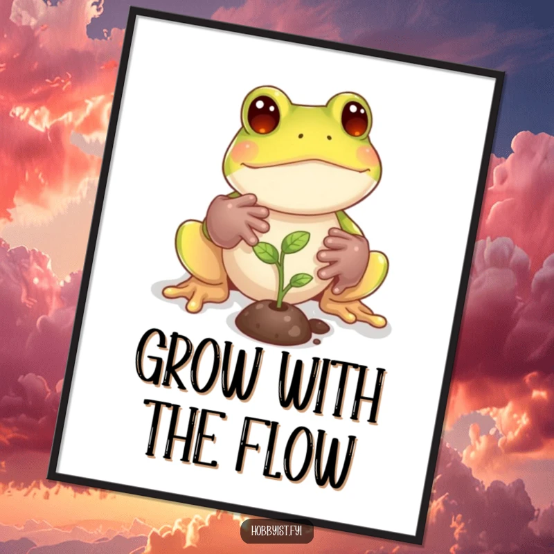 Funny Frog Poster: A playful frog with tiny gardening gloves tends to a miniature sprout, showcasing nurturing and nature, a great funny gift.