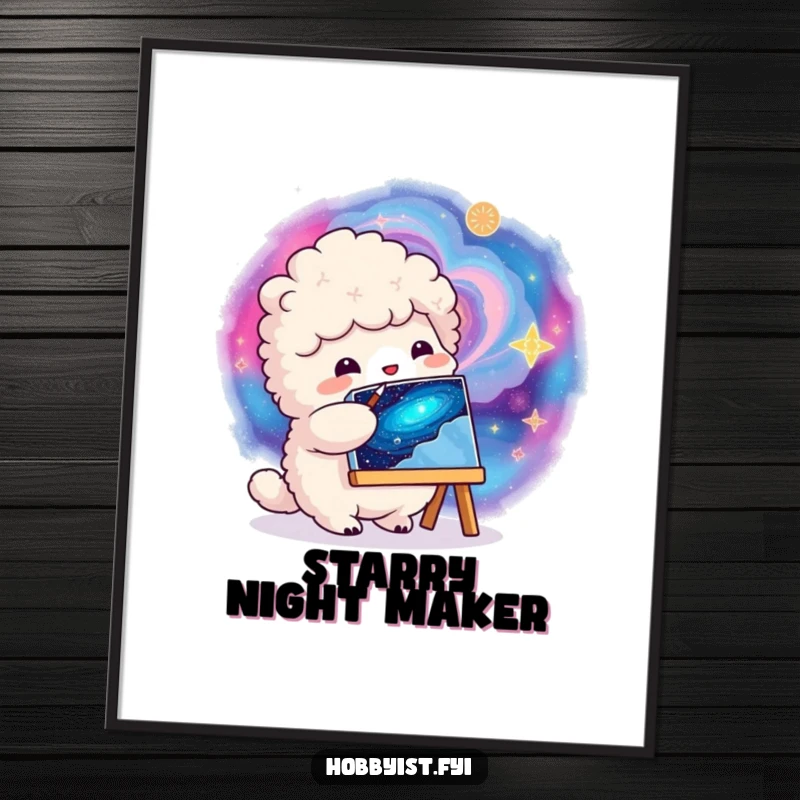 Funny fluffy creature painting a vibrant, swirling galaxy on a small canvas, a stunning cosmic art poster.