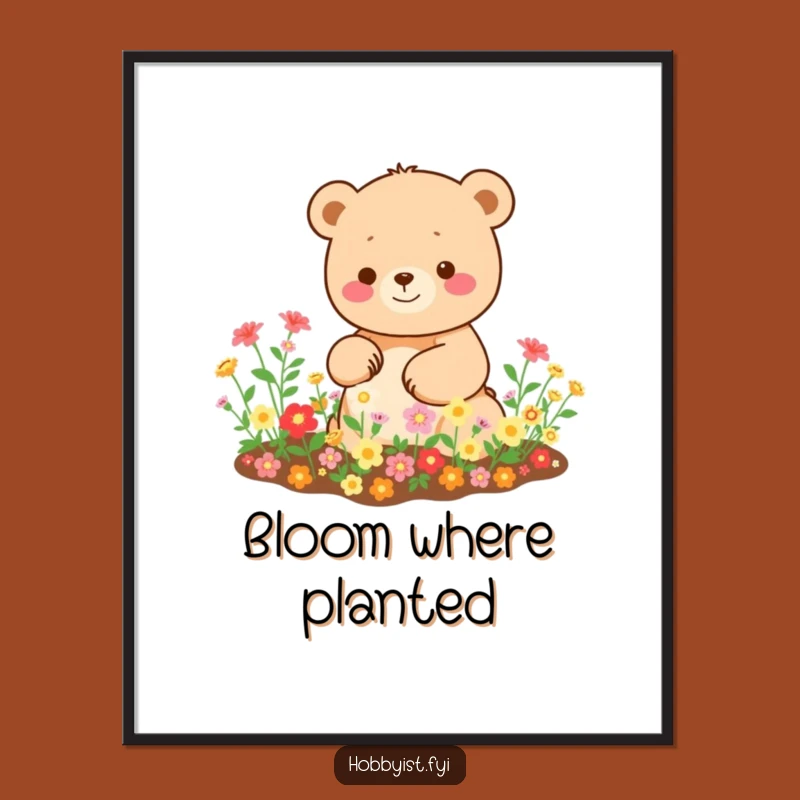 Funny Kawaii Bear Poster: Happy Gardener, Blooming Garden Art Gift