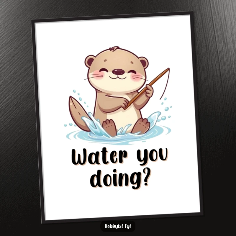 Funny kawaii otter poster, illustrating an otter splashing gleefully with its miniature fishing rod, creating a whimsical aquatic scene.