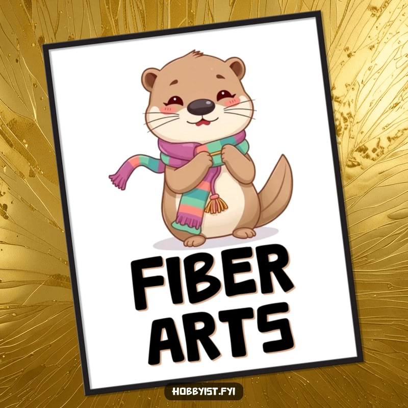Funny Knitting Otter Poster, a cheerful otter intently knitting a long, colorful scarf with a focused expression.