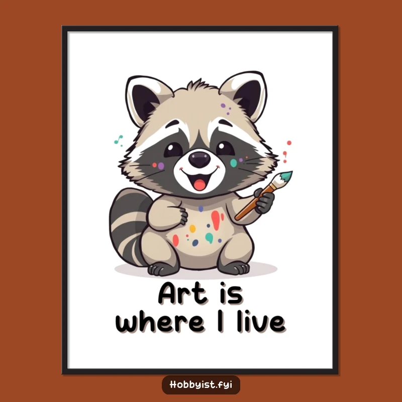 Funny Raccoon Artist Poster - Delighted Painter Critter, Vibrant Wall Art, Creative Inspirational Gift
