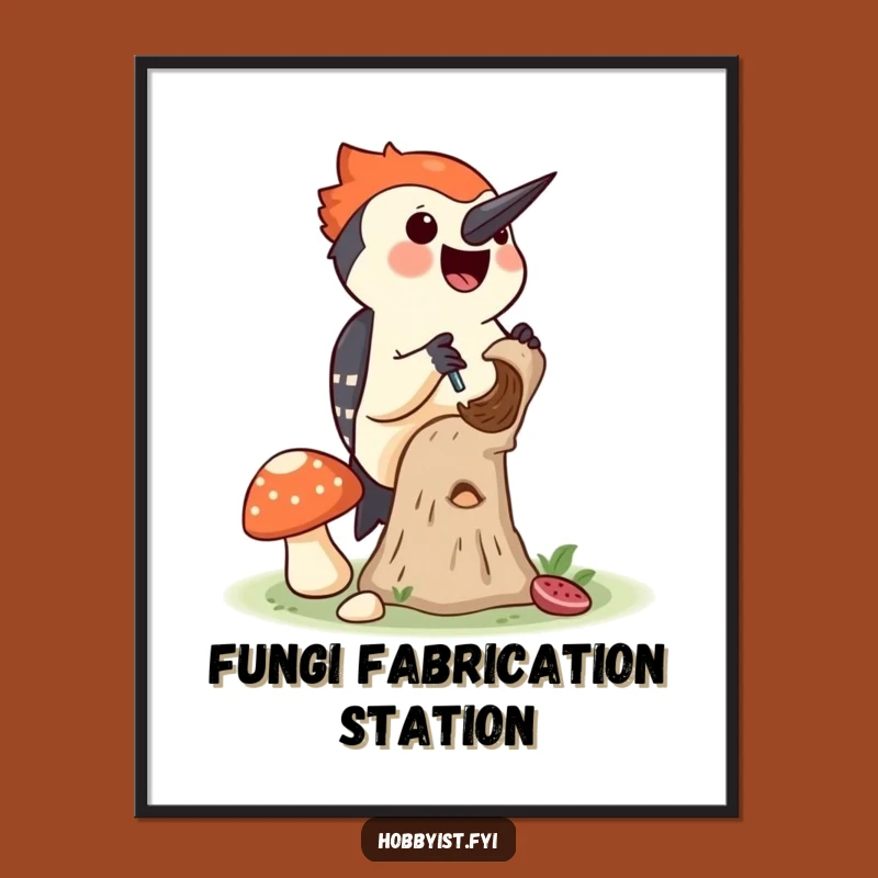 Funny Woodpecker Mushroom Poster - Hilarious Art for Your Nature-Themed Space