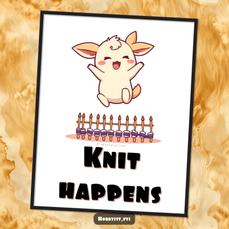Funny Leaping Creature Poster: an energetic character with flapping ears leaping over miniature knitting needles with enthusiasm, a lively funny gift.