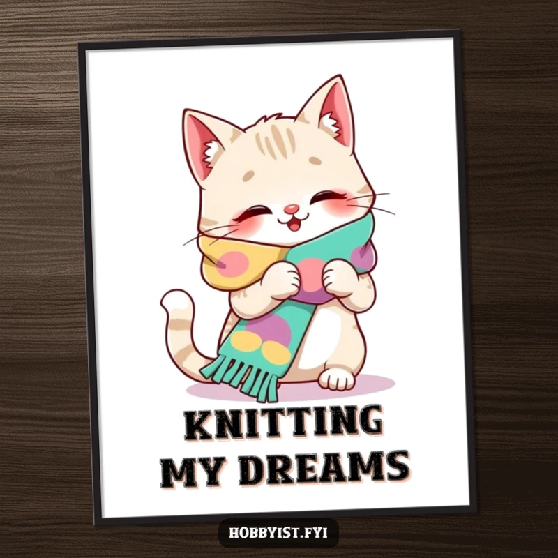 Funny cat poster of a joyful cat giggling while knitting a comically large, colorful scarf, whimsical decor.