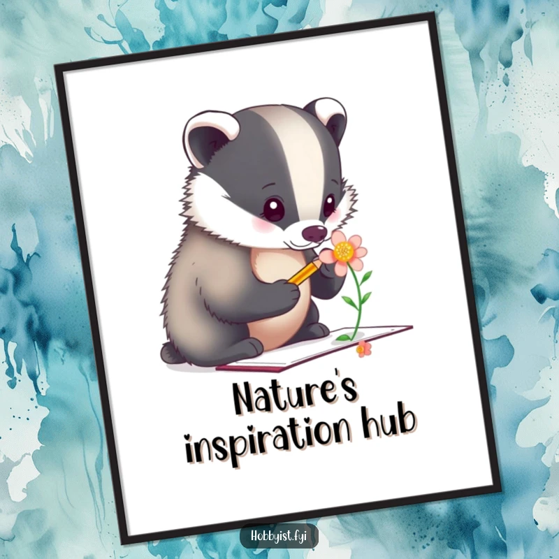 Funny Poster: A determined badger artist delicately sketches a flower, creating a scene of quiet inspiration and artistic pursuit.