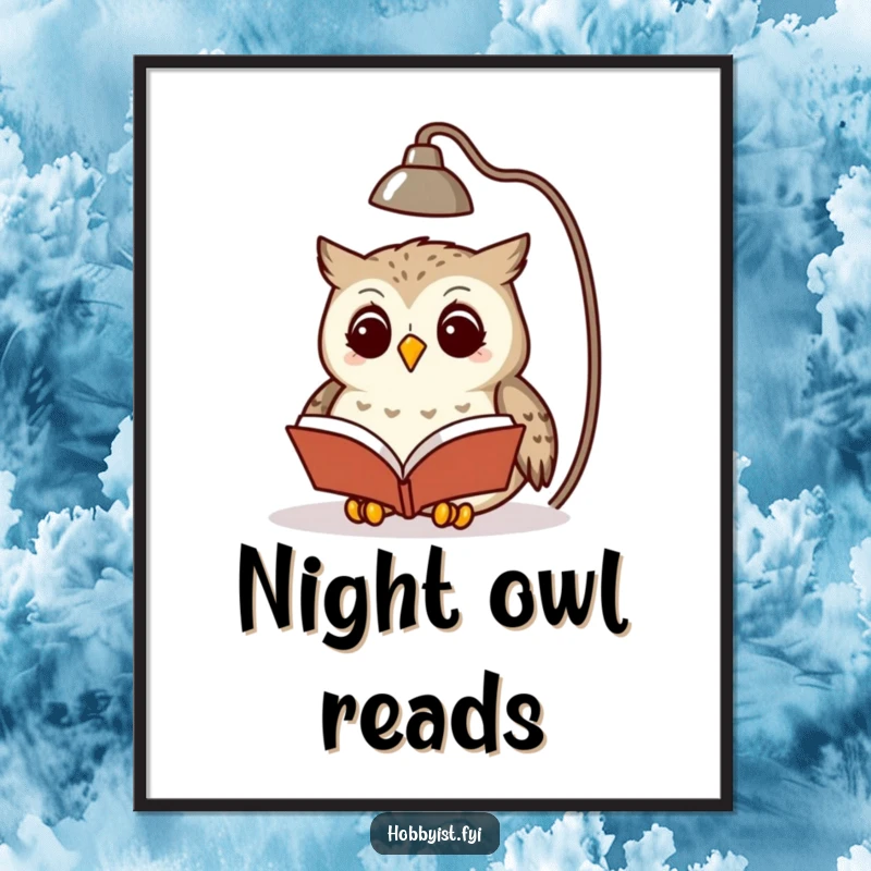 Funny owl reading a book under a lamp, displayed as artistic wall decor poster, enhancing any room's ambiance.