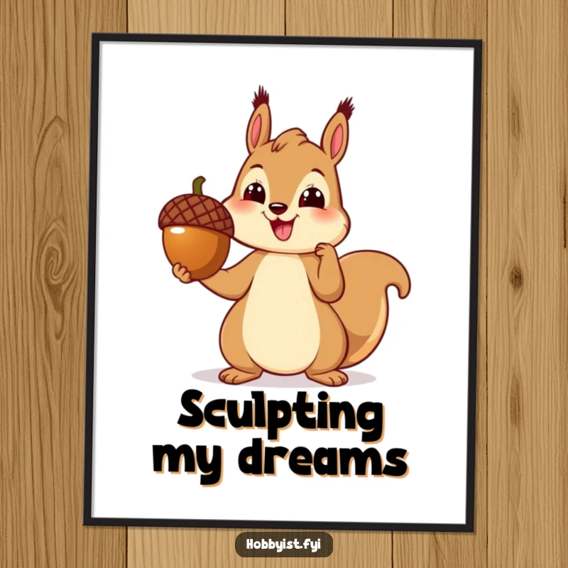 Funny poster print of a cheerful squirrel proudly presenting a perfectly crafted acorn sculpture, perfect for art and nature-themed decor.