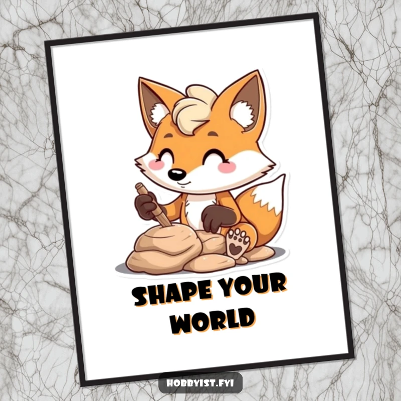 Funny mischievous fox intently sculpting clay with focus, displayed as a poster, humorous art for gifts.