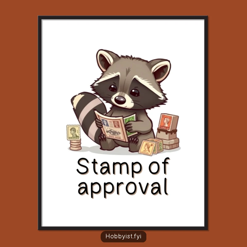 Funny Raccoon Stamp Poster - Quirky Wall Art for Collector's Spaces