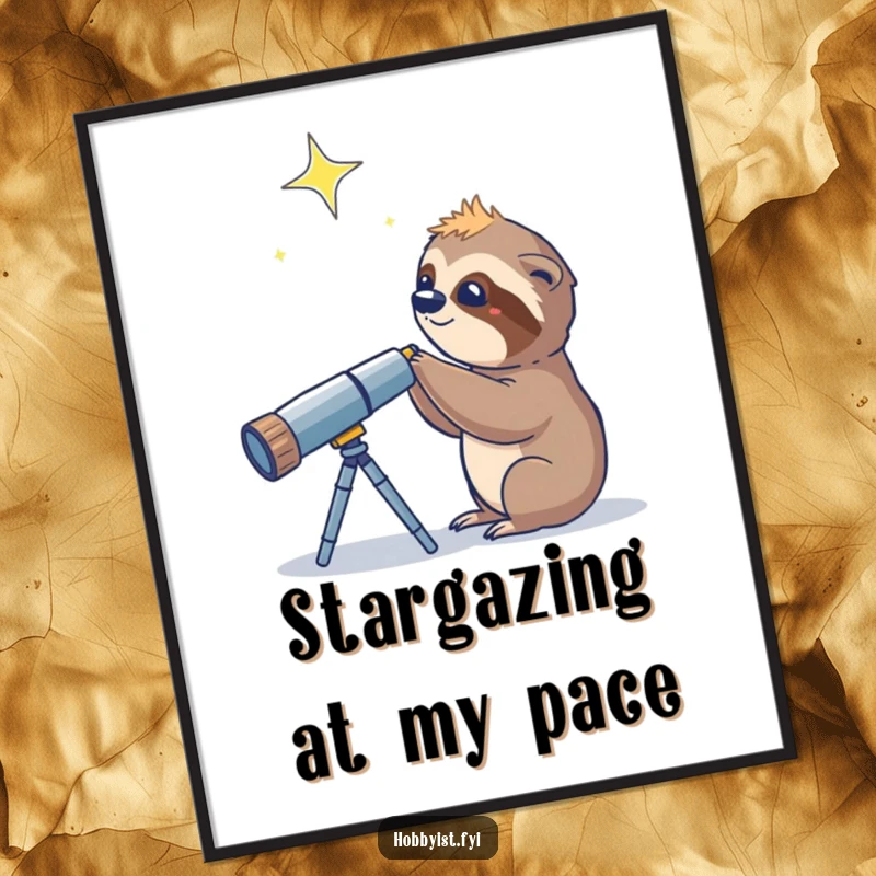Funny Sloth Telescope Star Poster, a curious sloth looking through a telescope at a distant twinkling star, art for space lovers.