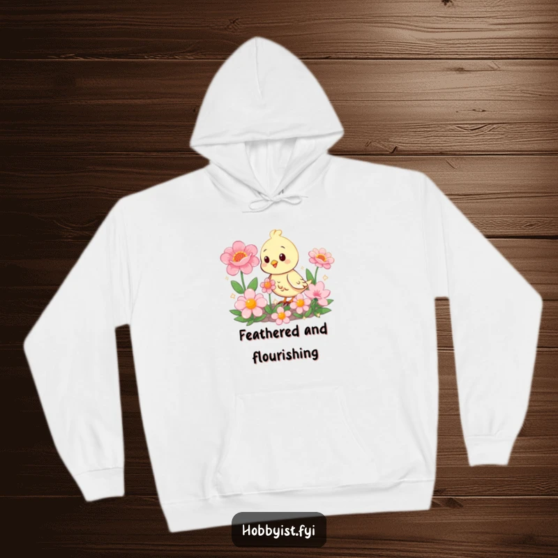 Funny happy bird tending a garden of large, sparkling flowers, on a warm and cozy hoodie.