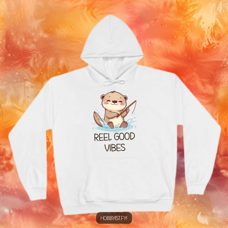 Funny kawaii otter hoodie, depicted splashing playfully with a small fishing rod, radiating cheerful vibes and fishing enthusiasm.