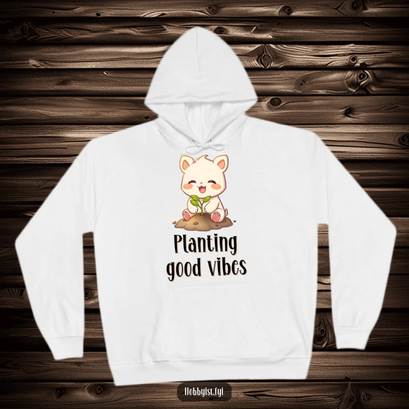 Funny hoodie showing a joyful creature with small paws planting a tiny, glowing sapling, creating a magical atmosphere