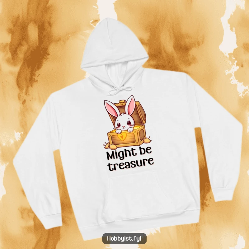 Funny Rabbit peeking into a radiant treasure chest, full of awe and excitement, on a warm and cozy hoodie.