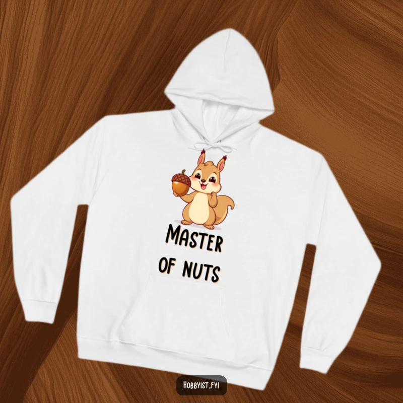 Cozy hooded sweatshirt featuring a cheerful squirrel proudly presenting a perfectly crafted acorn sculpture, perfect for artists and nature lovers.