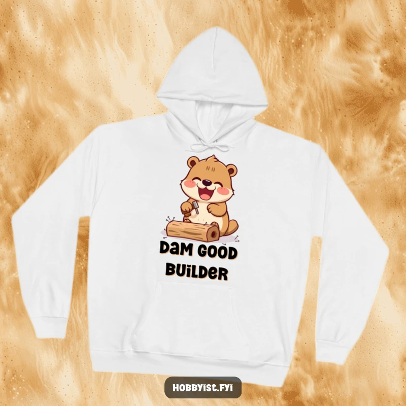 Funny Kawaii beaver hoodie, depicting an excited beaver hammering tiny nails into a miniature wooden structure, perfect for cozy work.