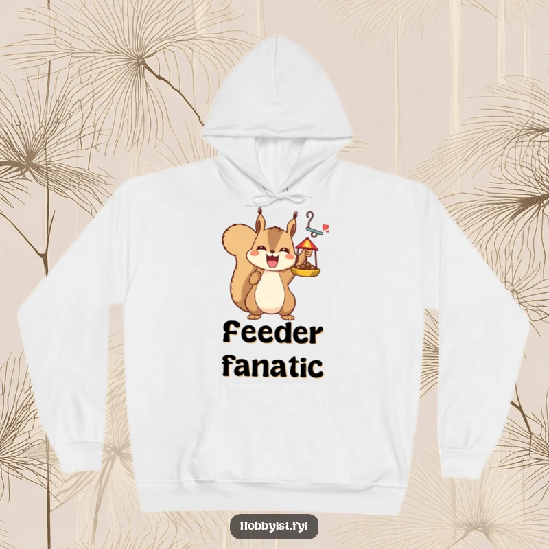 Funny joyful squirrel holding a finished bird feeder, on a cozy hoodie, a humorous and celebratory gift.